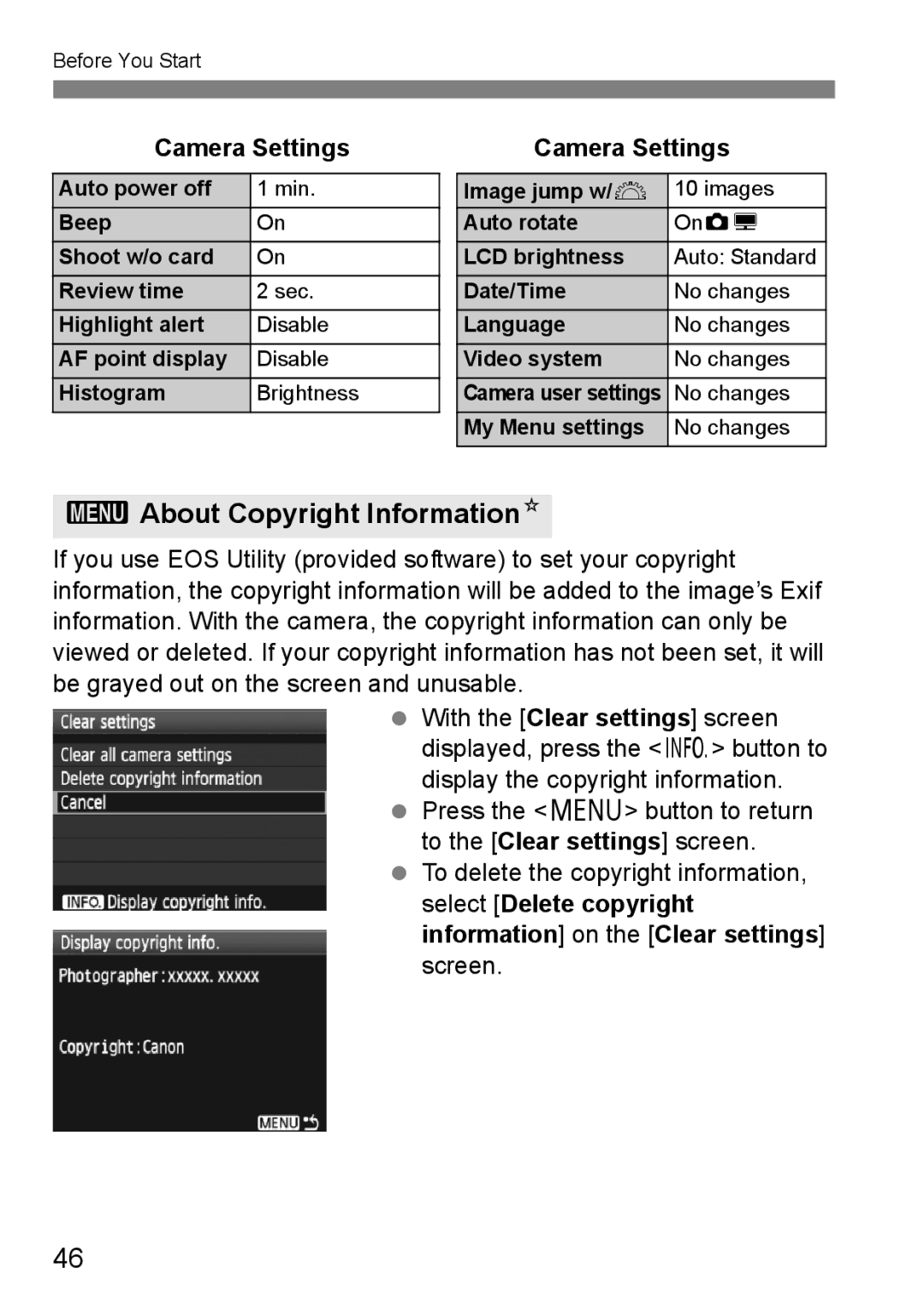 Canon EOS 5D instruction manual 3About Copyright InformationN, Camera Settings 