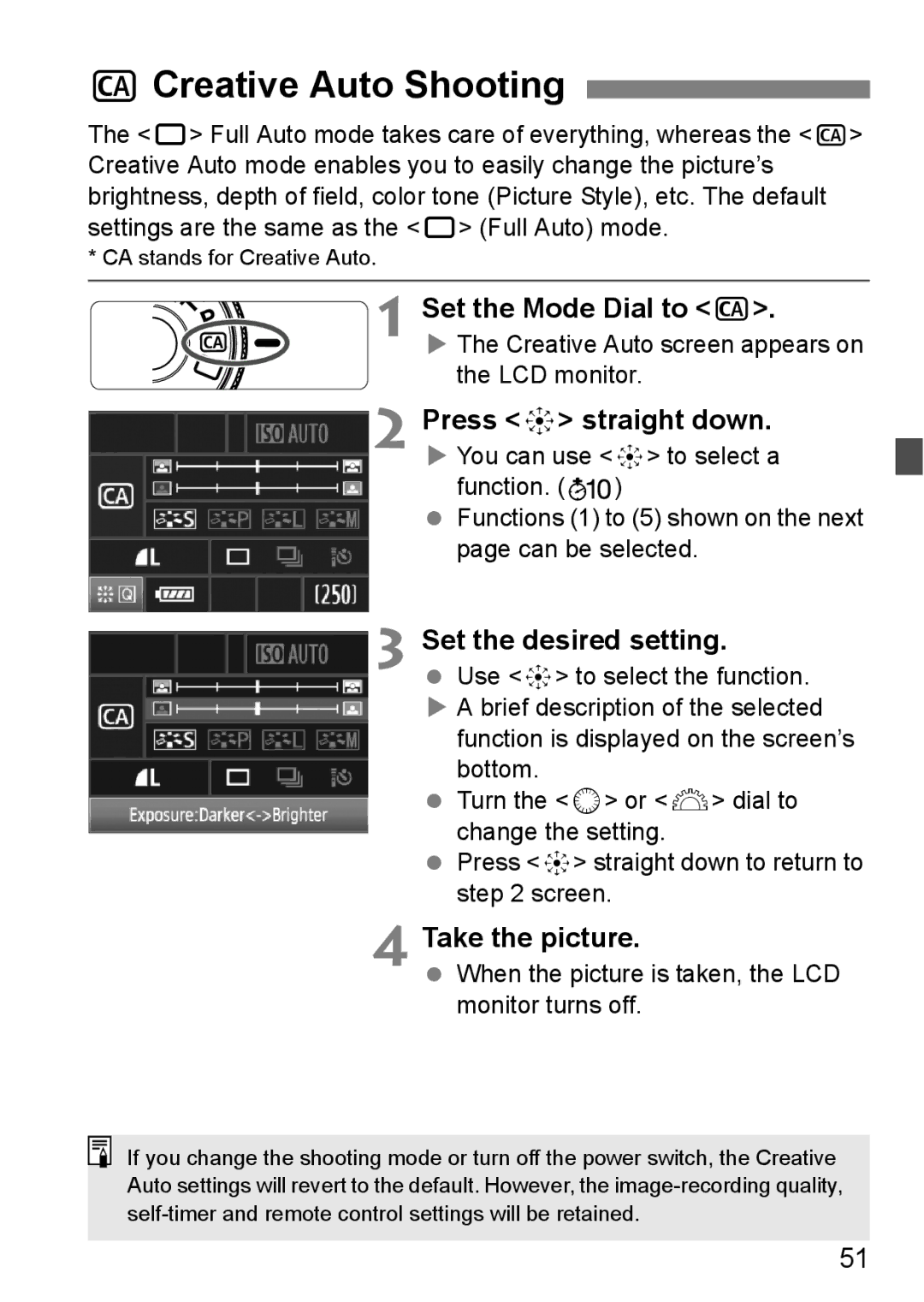 Canon EOS 5D instruction manual CCreative Auto Shooting, Set the Mode Dial to C, Press 9 straight down 