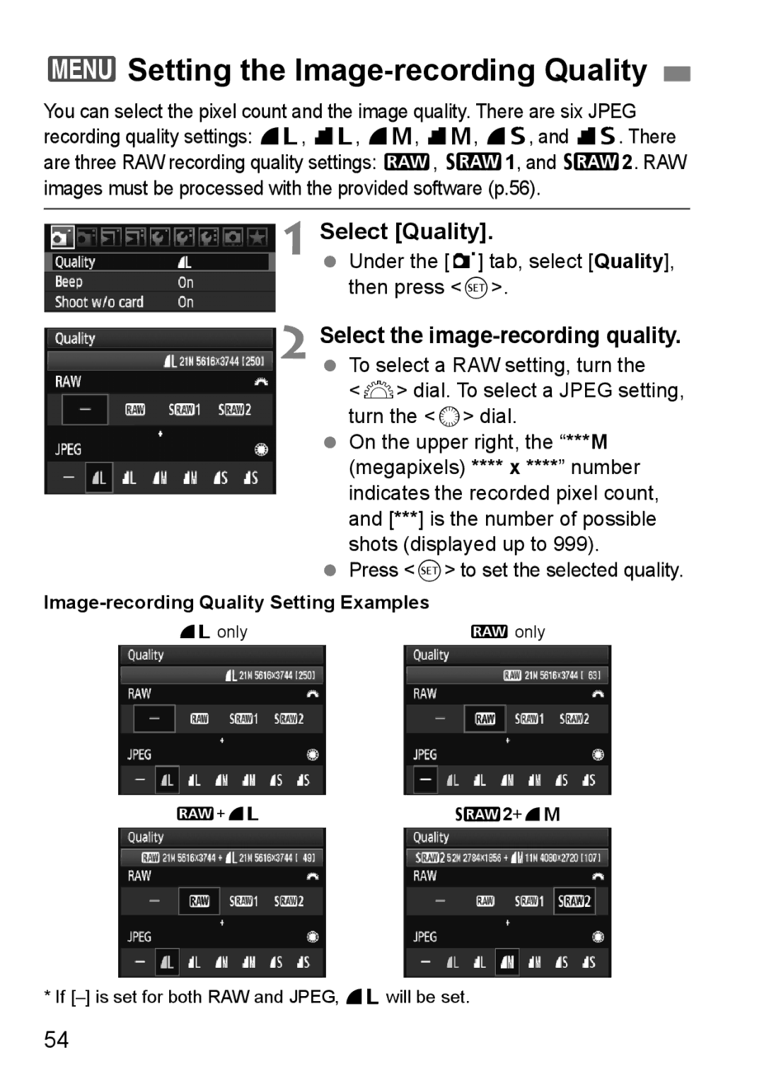 Canon EOS 5D instruction manual 3Setting the Image-recording Quality, Select Quality, Select the image-recording quality 