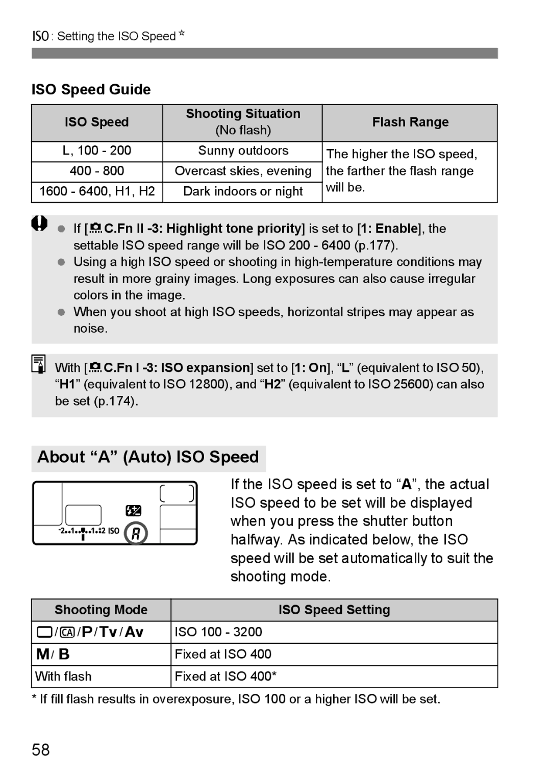 Canon EOS 5D instruction manual About a Auto ISO Speed, ISO Speed Guide, ISO Speed Shooting Situation Flash Range 