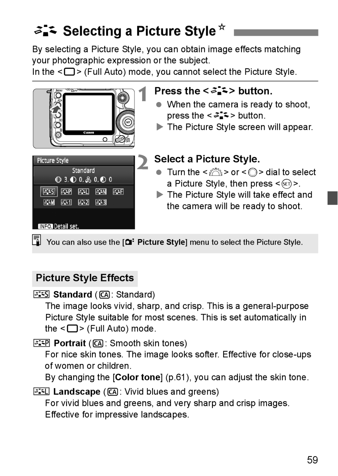 Canon EOS 5D ASelecting a Picture StyleN, Press the a button, Select a Picture Style, Picture Style Effects 