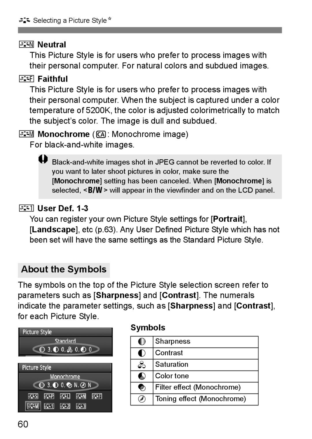 Canon EOS 5D instruction manual About the Symbols, Neutral, Faithful, User Def 