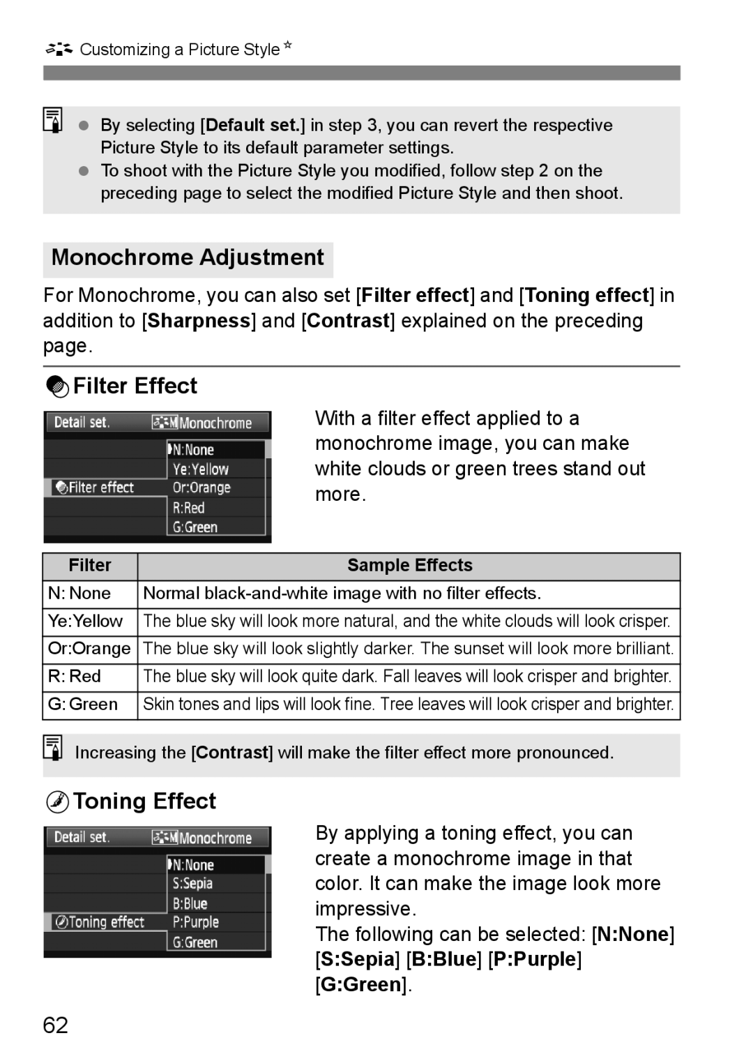 Canon EOS 5D instruction manual Monochrome Adjustment, KFilter Effect, LToning Effect 