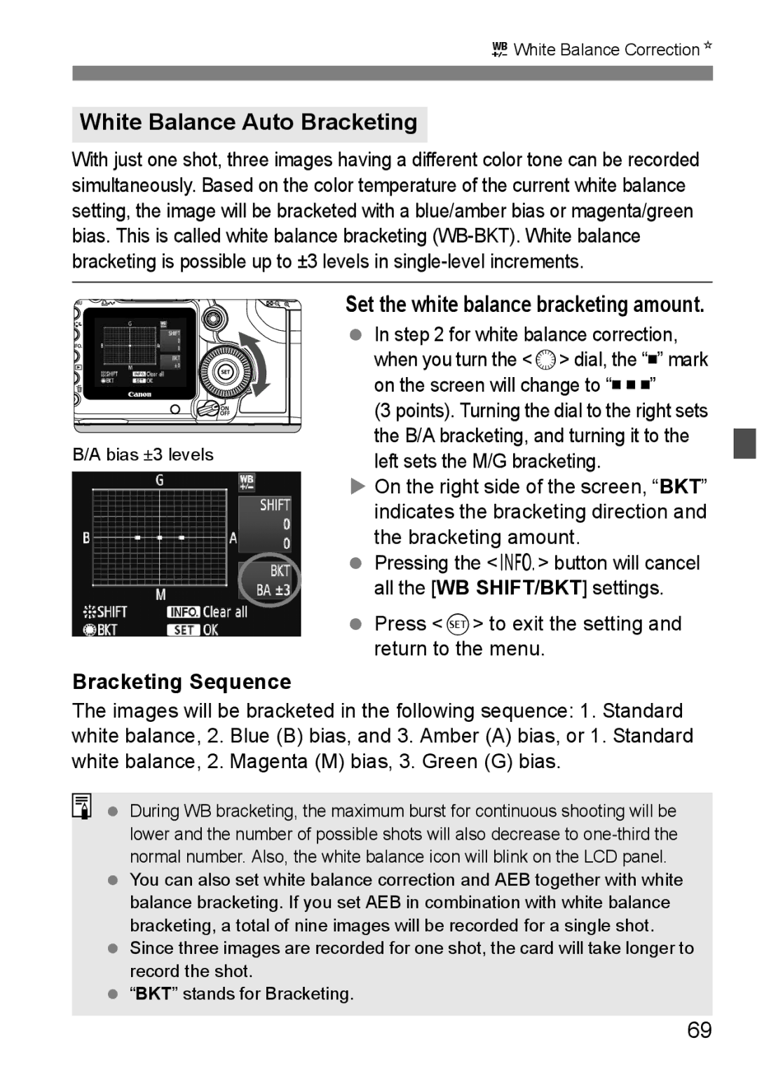 Canon EOS 5D instruction manual White Balance Auto Bracketing, Bracketing Sequence, Set the white balance bracketing amount 