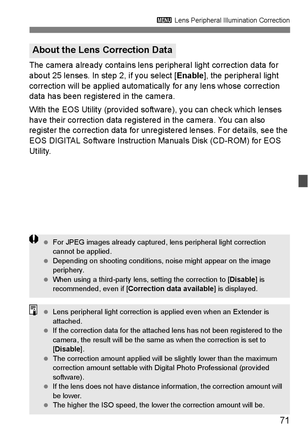 Canon EOS 5D instruction manual About the Lens Correction Data 