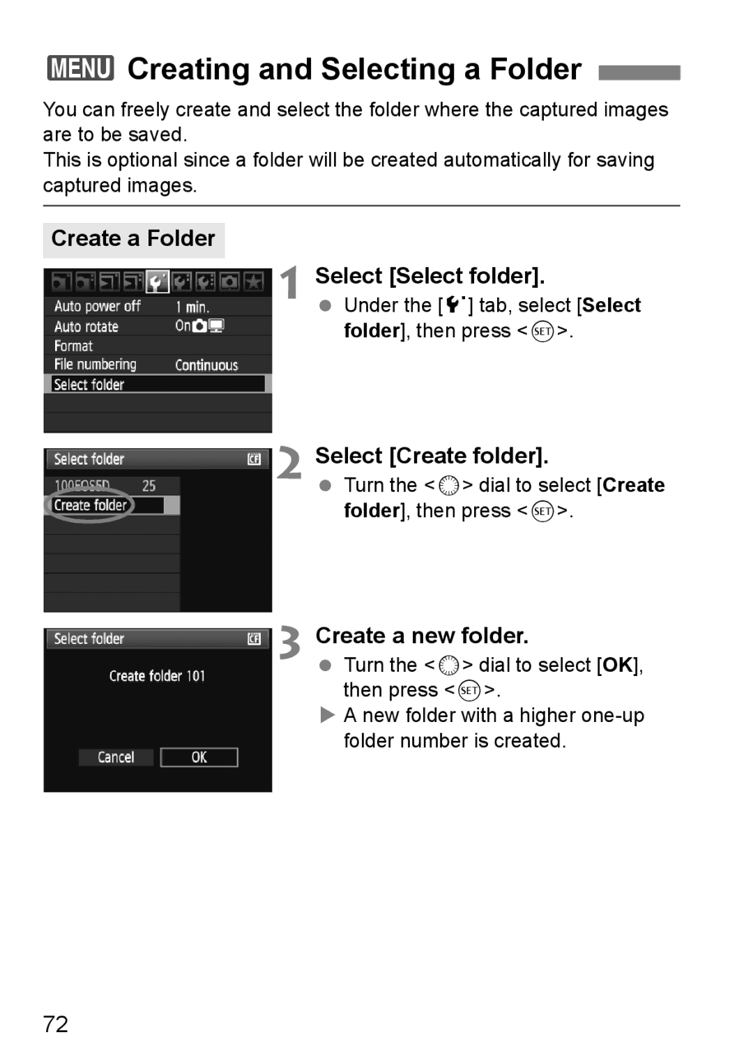 Canon EOS 5D 3Creating and Selecting a Folder, Create a Folder Select Select folder, Select Create folder 