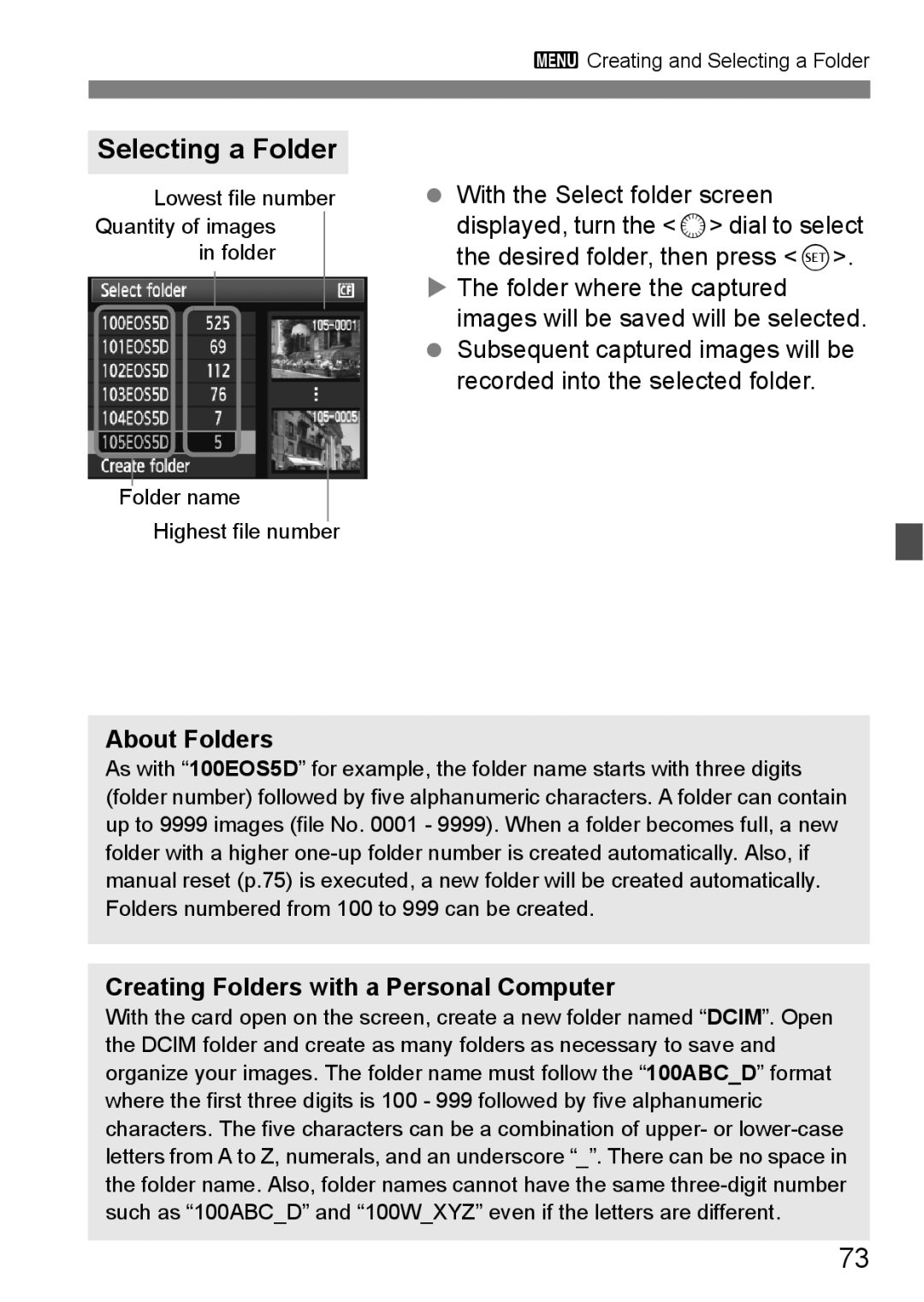 Canon EOS 5D instruction manual Selecting a Folder, About Folders, Creating Folders with a Personal Computer 