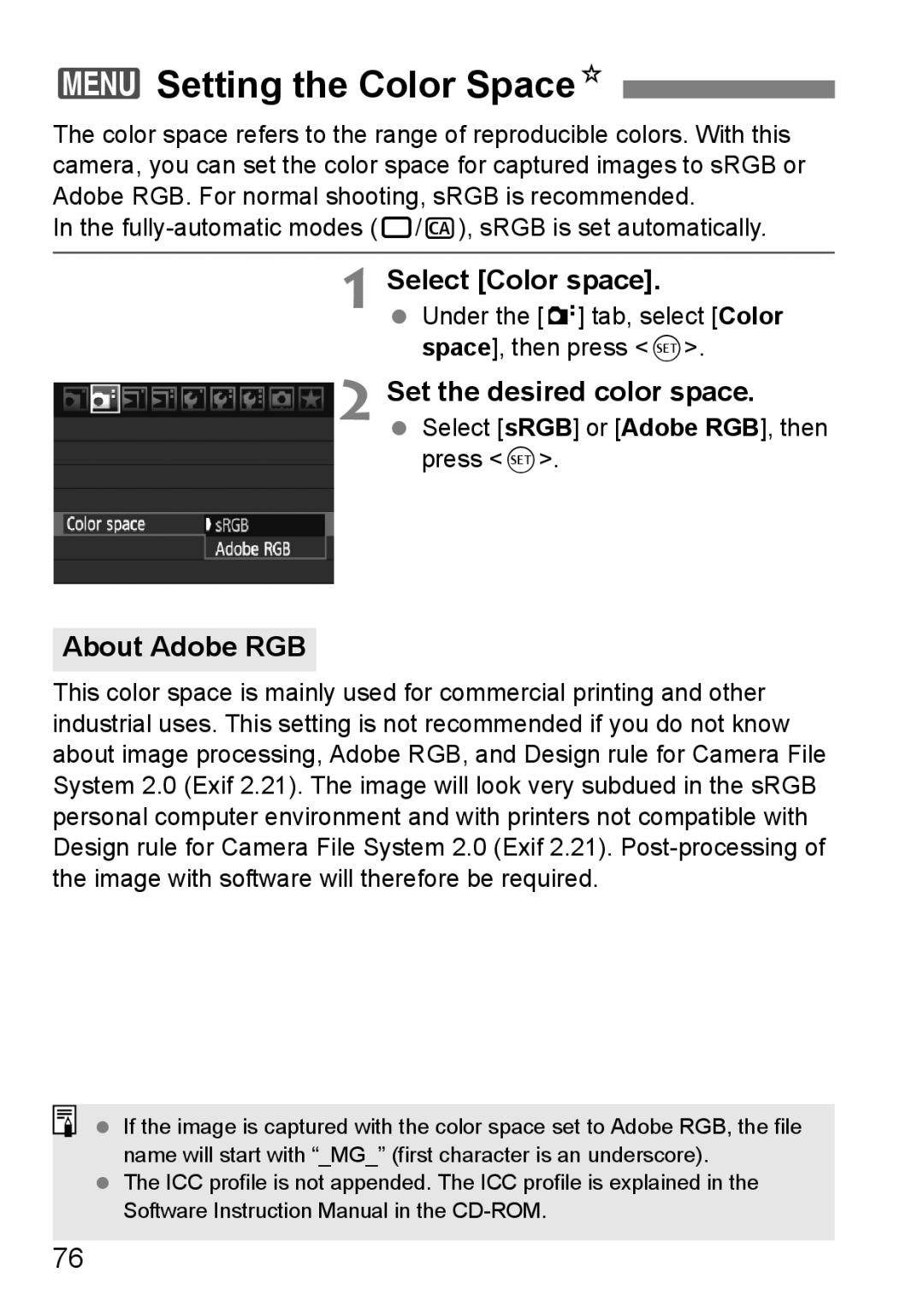 Canon EOS 5D instruction manual 3Setting the Color SpaceN, Select Color space, About Adobe RGB 