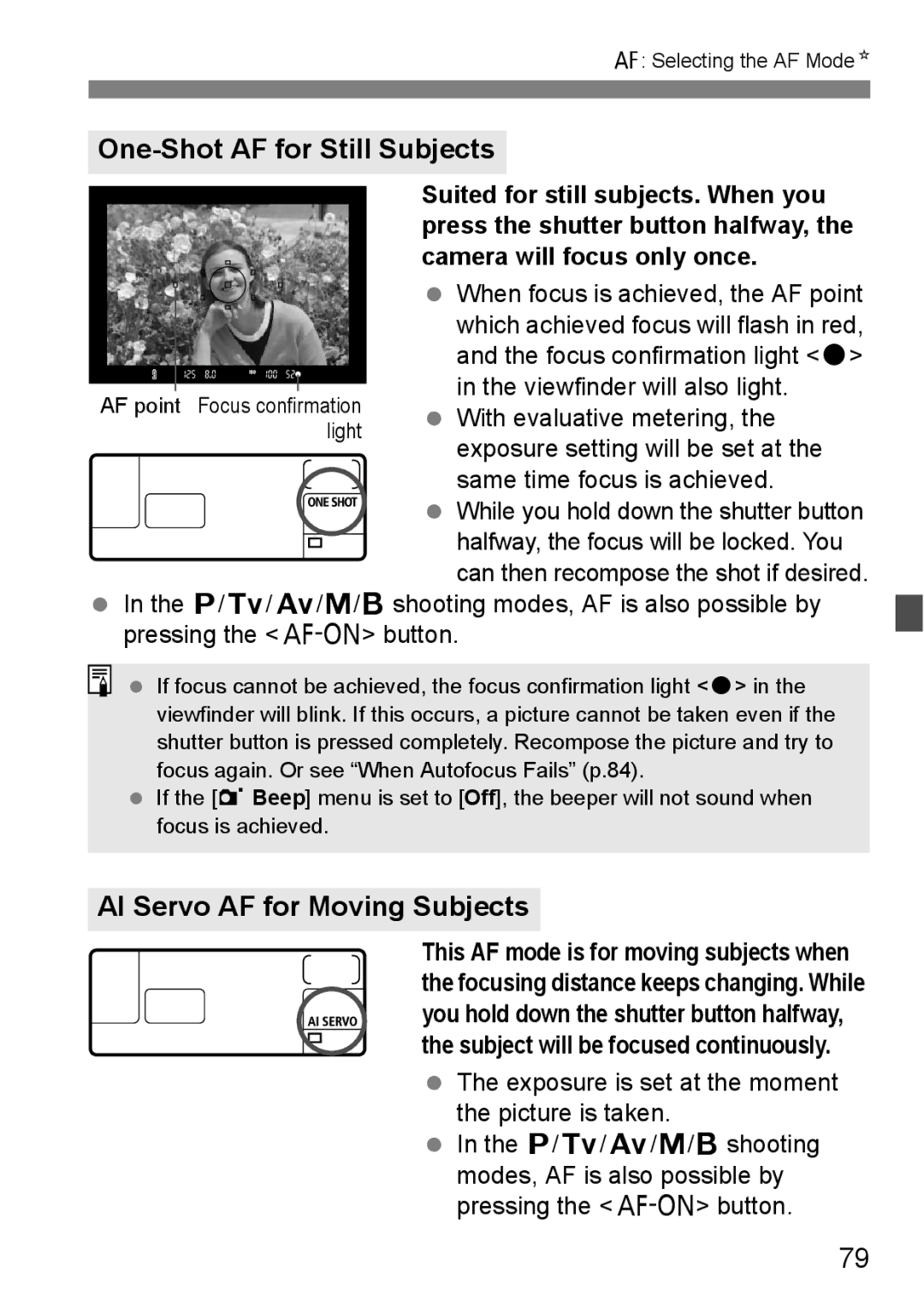 Canon EOS 5D instruction manual One-Shot AF for Still Subjects, AI Servo AF for Moving Subjects 