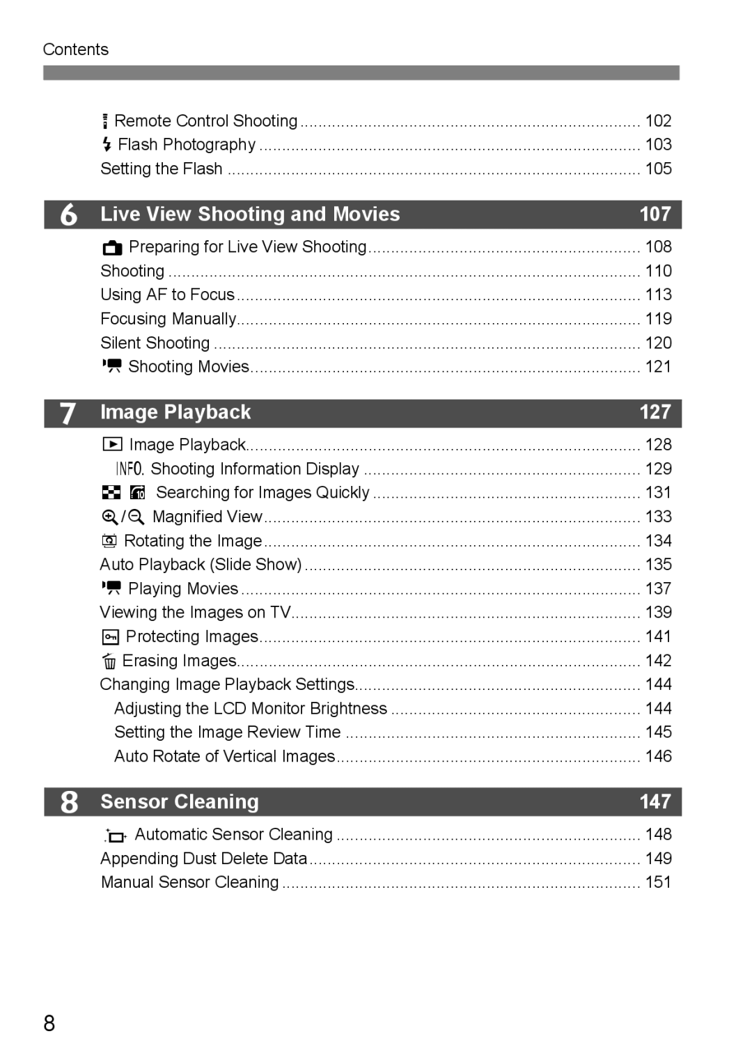 Canon EOS 5D instruction manual Live View Shooting and Movies, Image Playback, Sensor Cleaning 