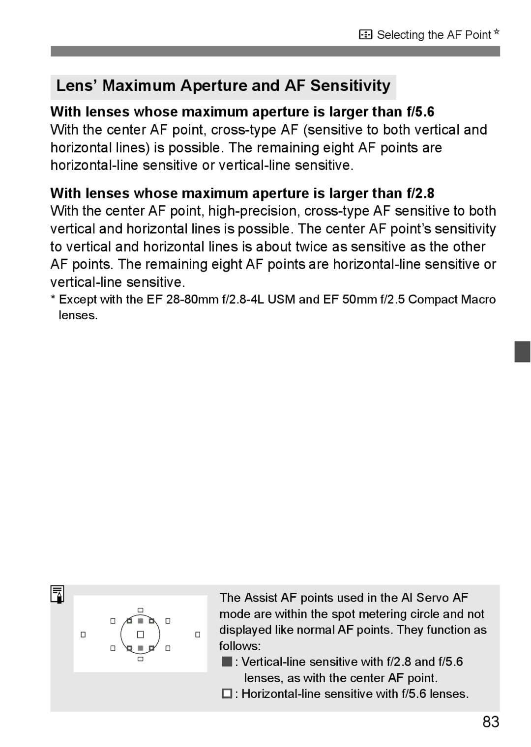 Canon EOS 5D Lens’ Maximum Aperture and AF Sensitivity, With lenses whose maximum aperture is larger than f/5.6 