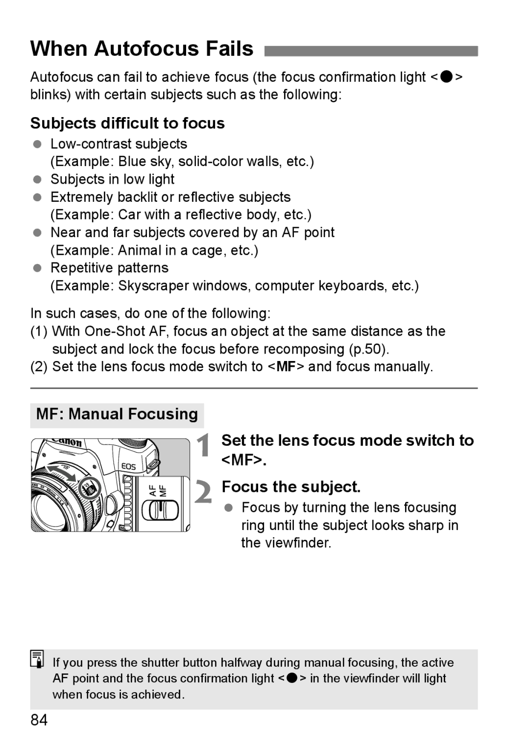 Canon EOS 5D instruction manual When Autofocus Fails, Subjects difficult to focus 