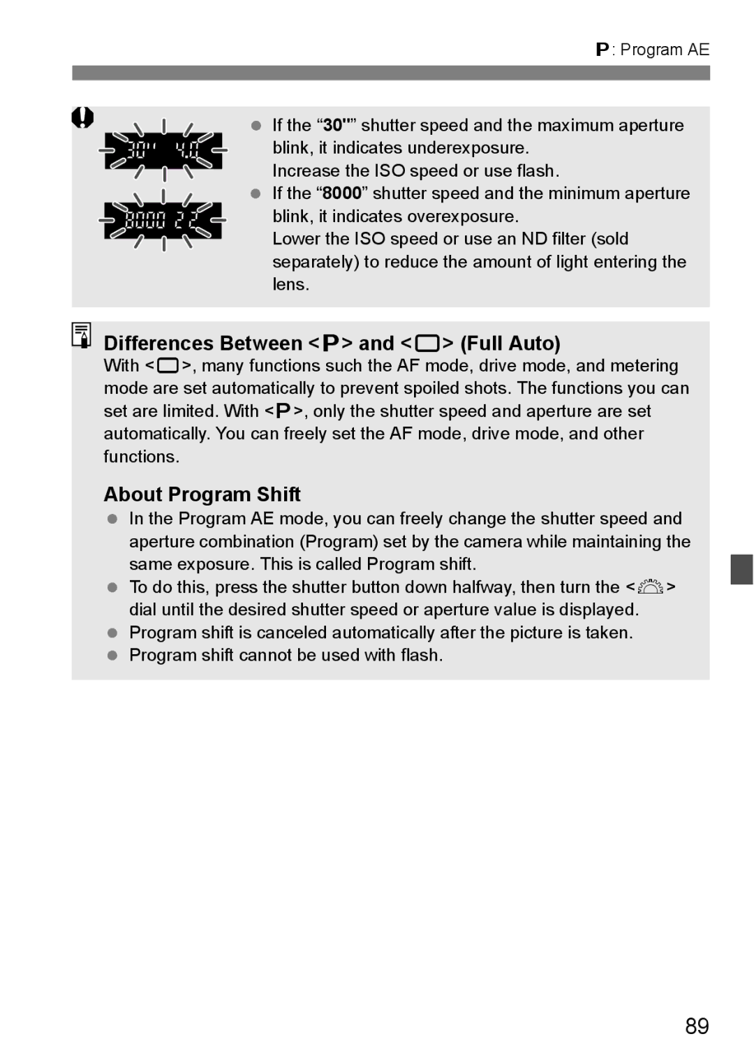 Canon EOS 5D instruction manual Differences Between d and 1 Full Auto, About Program Shift 