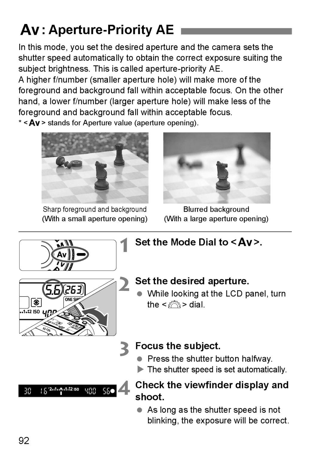 Canon EOS 5D instruction manual Aperture-Priority AE, Set the Mode Dial to f Set the desired aperture 