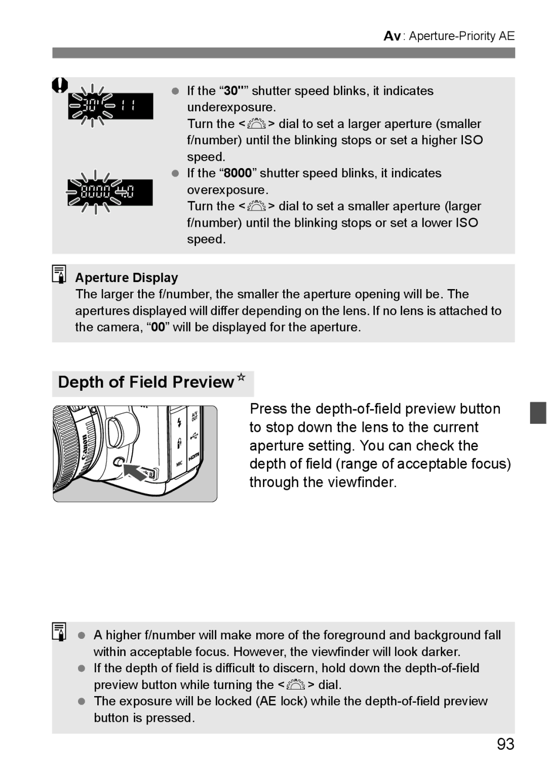 Canon EOS 5D instruction manual Depth of Field PreviewN, Aperture Display 