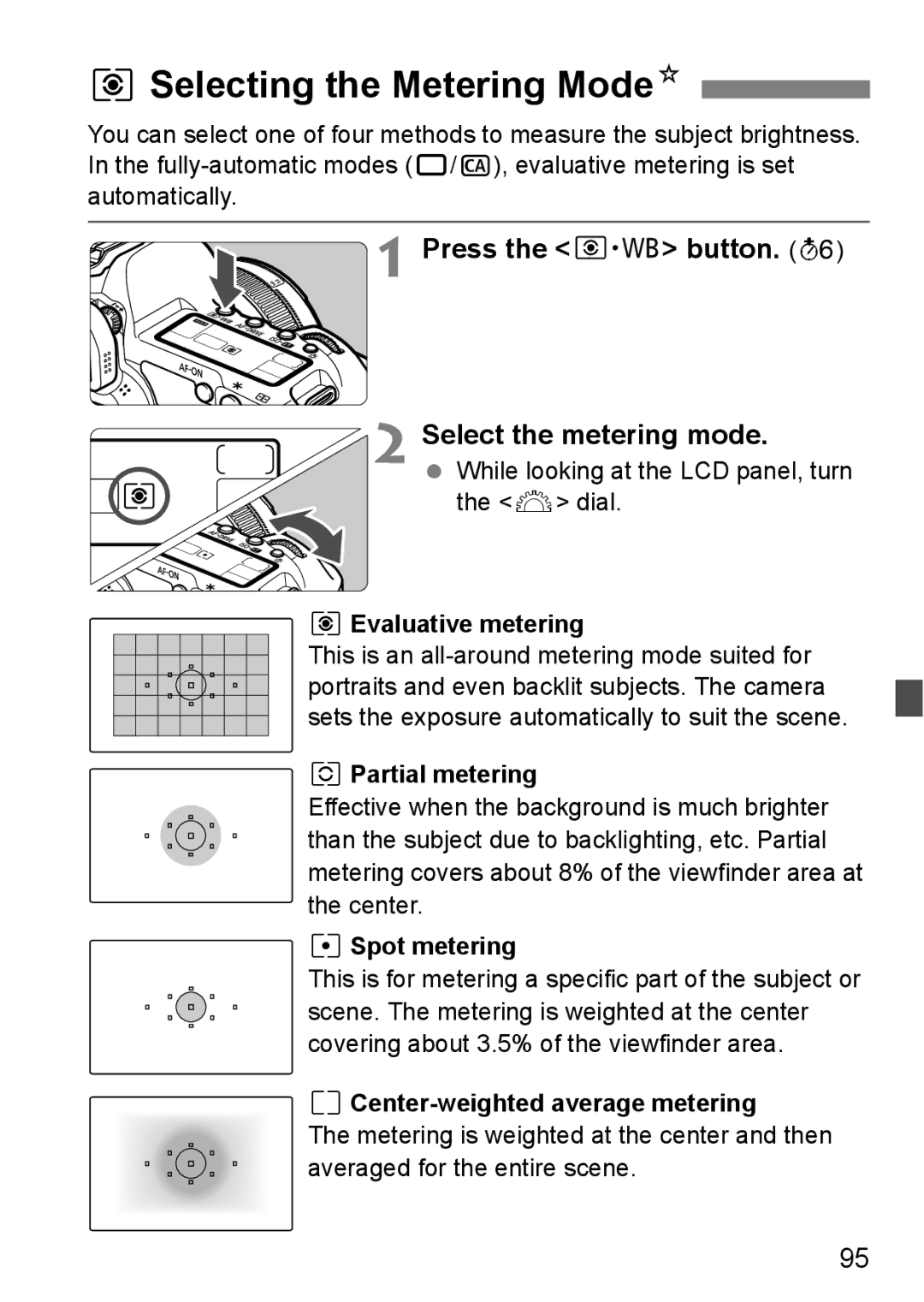 Canon EOS 5D instruction manual QSelecting the Metering ModeN, Press the n button Select the metering mode 