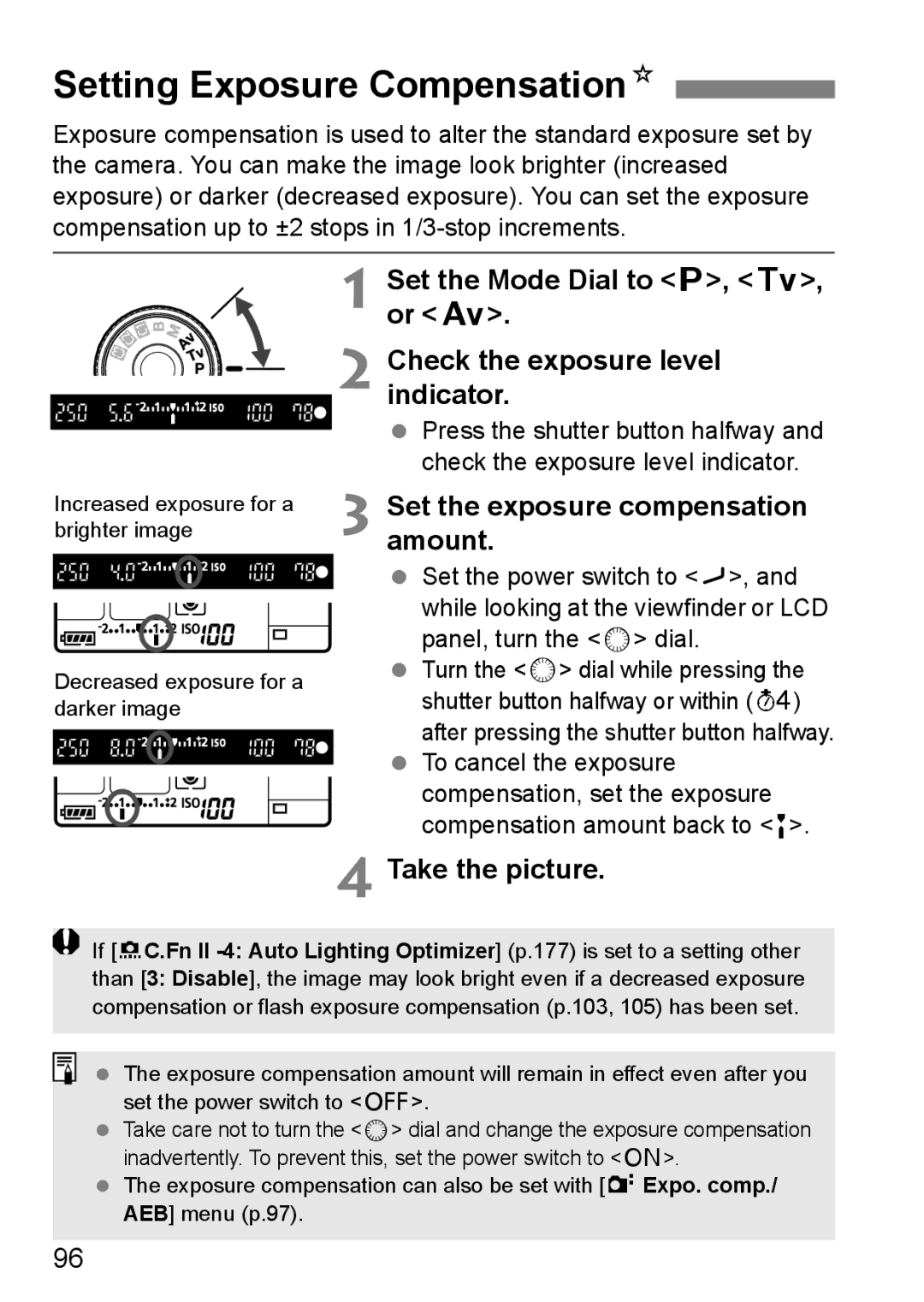 Canon EOS 5D instruction manual Setting Exposure CompensationN, Set the exposure compensation amount 