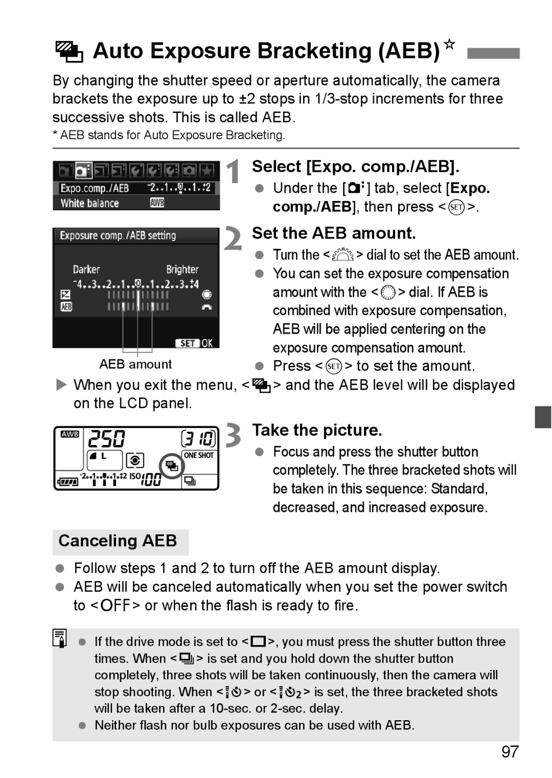 Canon EOS 5D instruction manual HAuto Exposure Bracketing Aebn, Select Expo. comp./AEB, Set the AEB amount, Canceling AEB 