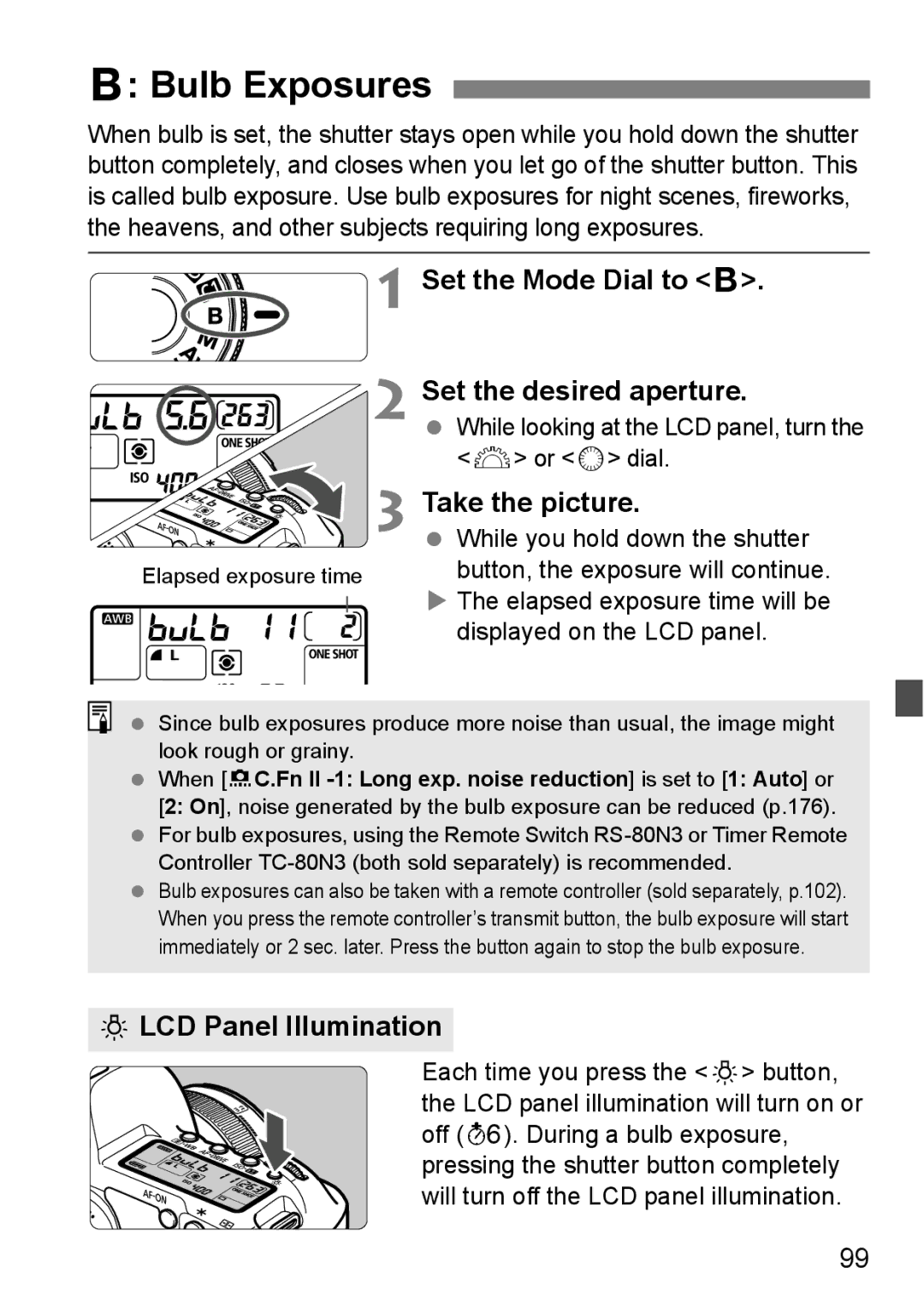 Canon EOS 5D Bulb Exposures, Ulcd Panel Illumination, While looking at the LCD panel, turn the 6 or 5 dial 