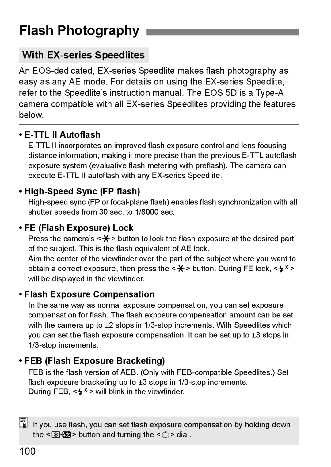 Canon EOS 5D instruction manual Flash Photography, With EX-series Speedlites, 100 