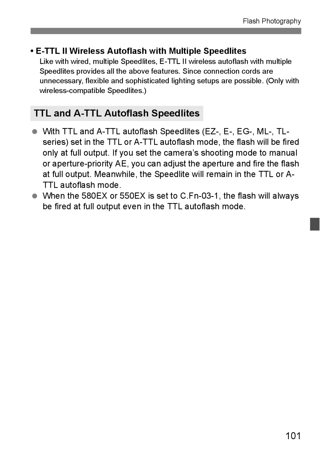 Canon EOS 5D instruction manual TTL and A-TTL Autoflash Speedlites, 101, TTL II Wireless Autoflash with Multiple Speedlites 