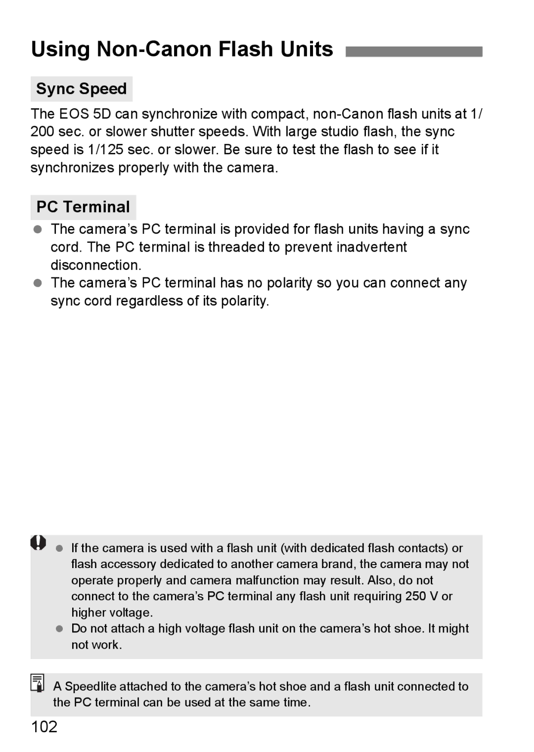 Canon EOS 5D instruction manual Using Non-Canon Flash Units, Sync Speed, PC Terminal, 102 