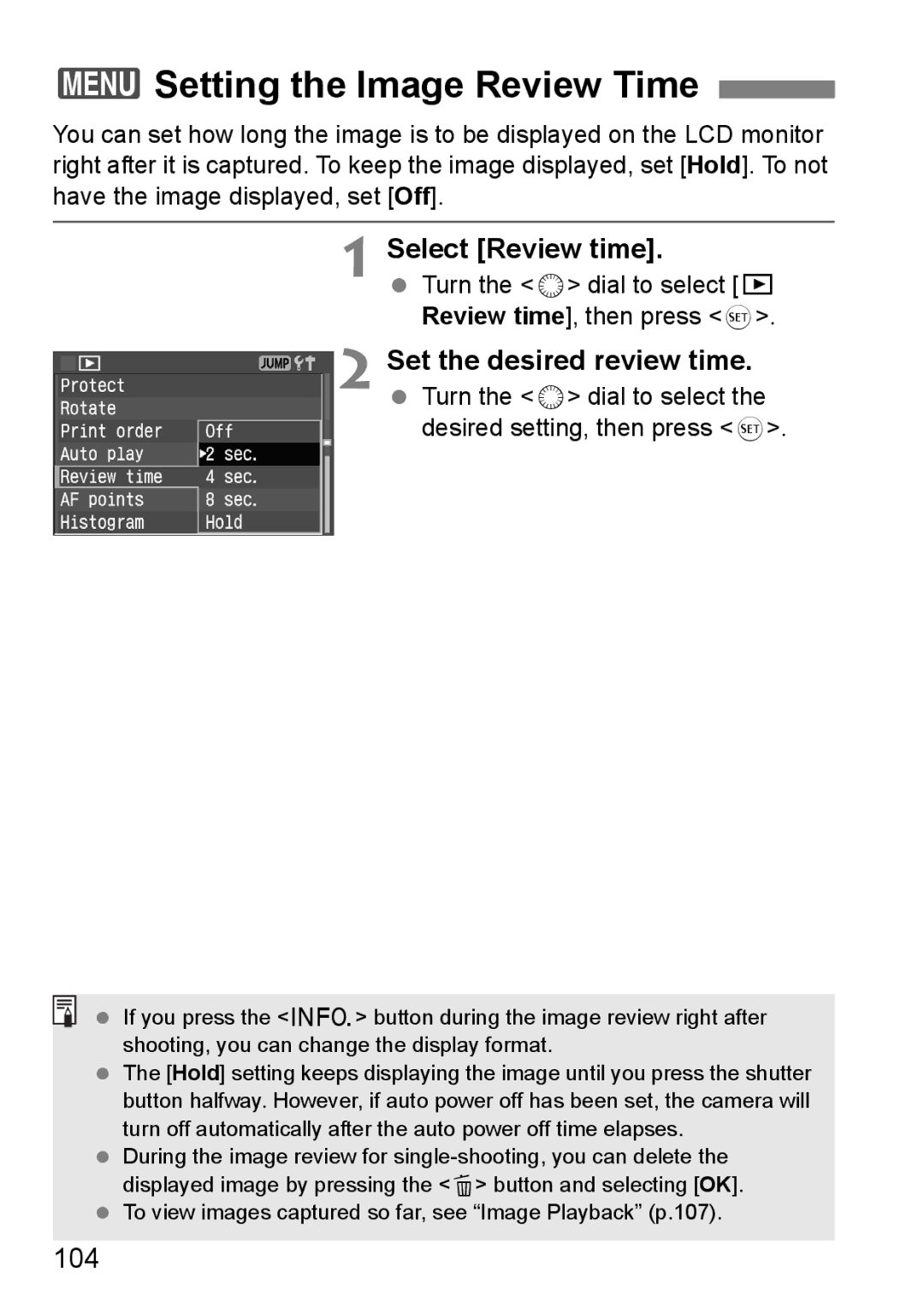 Canon EOS 5D instruction manual 3Setting the Image Review Time, Select Review time, Set the desired review time, 104 