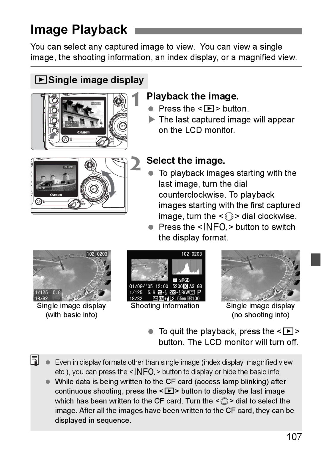 Canon EOS 5D instruction manual Image Playback, XSingle image display Playback the image, 107 