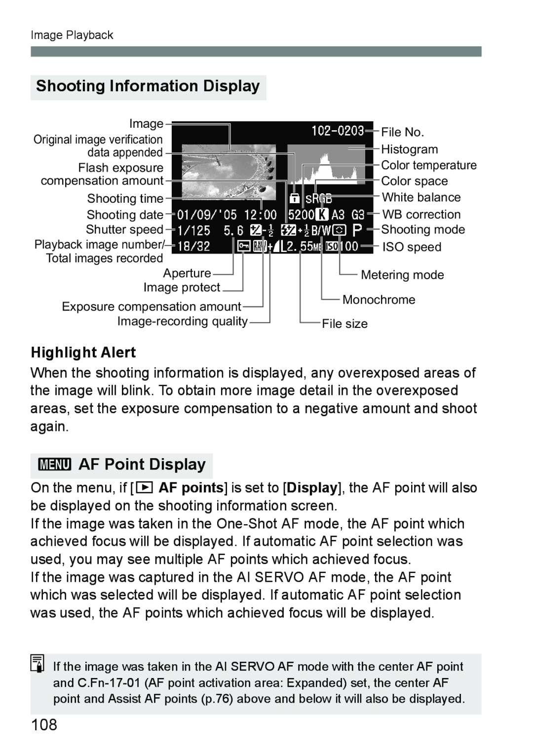 Canon EOS 5D instruction manual Shooting Information Display, 3AF Point Display, 108, Highlight Alert 