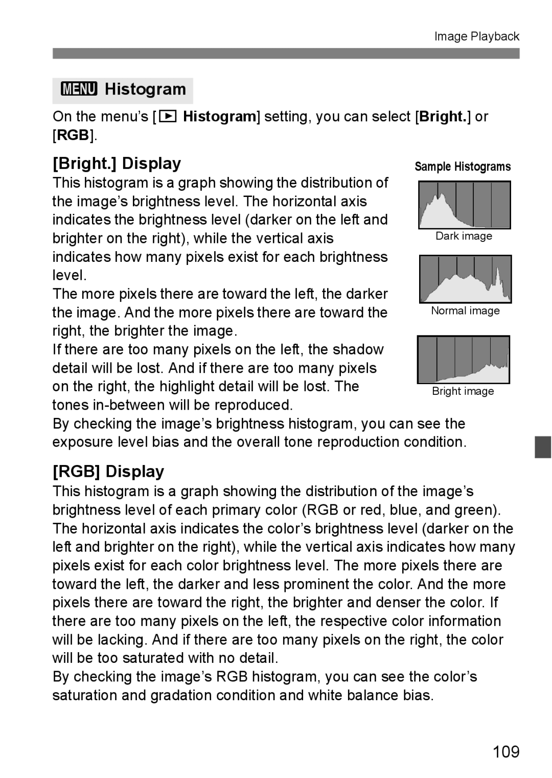 Canon EOS 5D instruction manual Histogram, Bright. Display, RGB Display, 109 