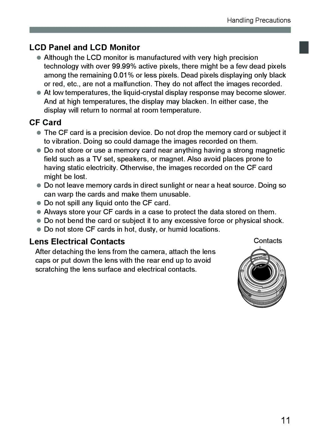 Canon EOS 5D instruction manual LCD Panel and LCD Monitor, CF Card, Lens Electrical Contacts 