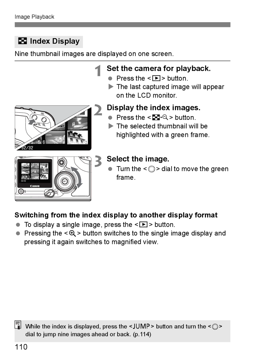 Canon EOS 5D instruction manual HIndex Display, Set the camera for playback, Display the index images, 110 