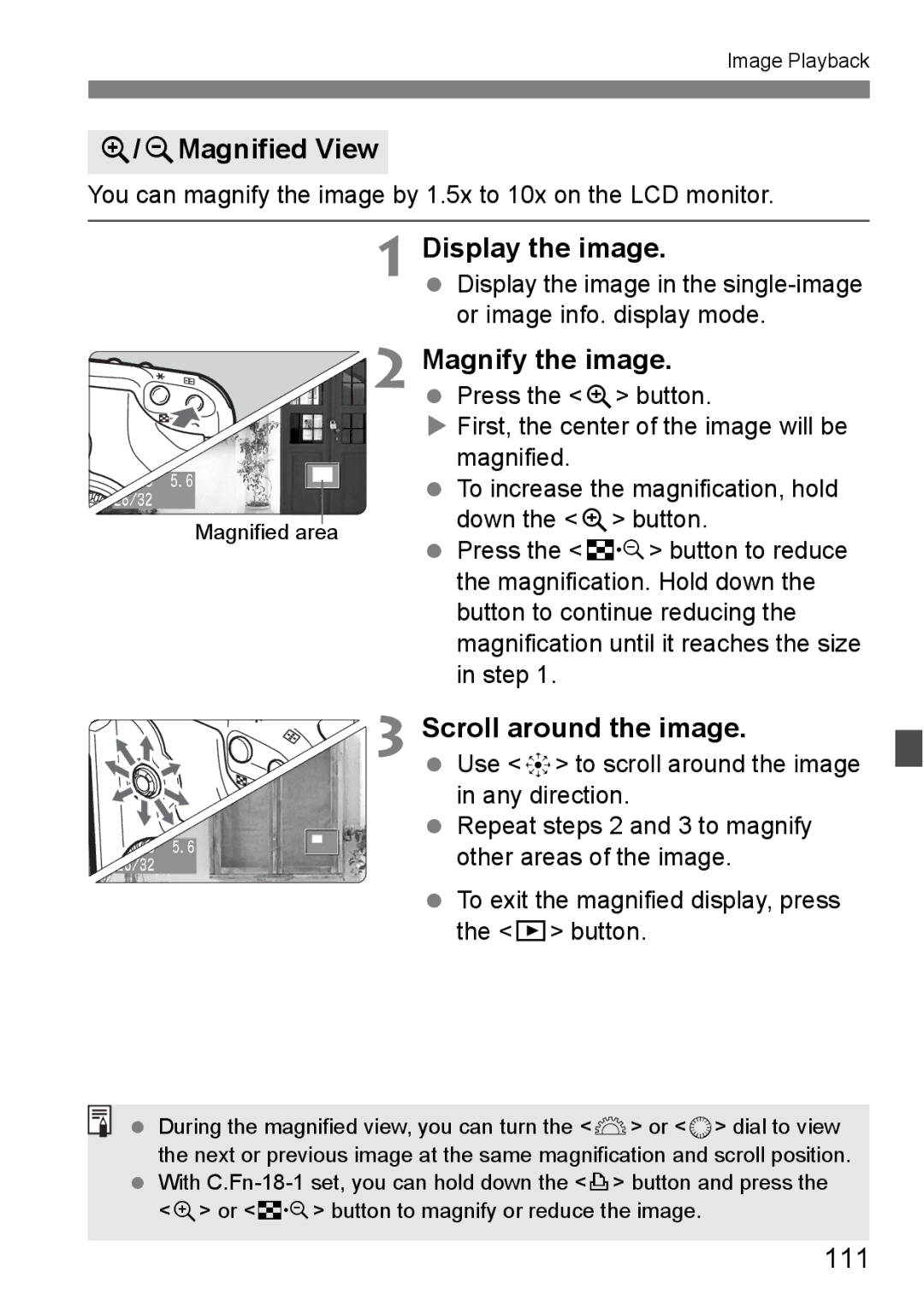 Canon EOS 5D instruction manual YMagnified View, Display the image, Magnify the image, Scroll around the image, 111 