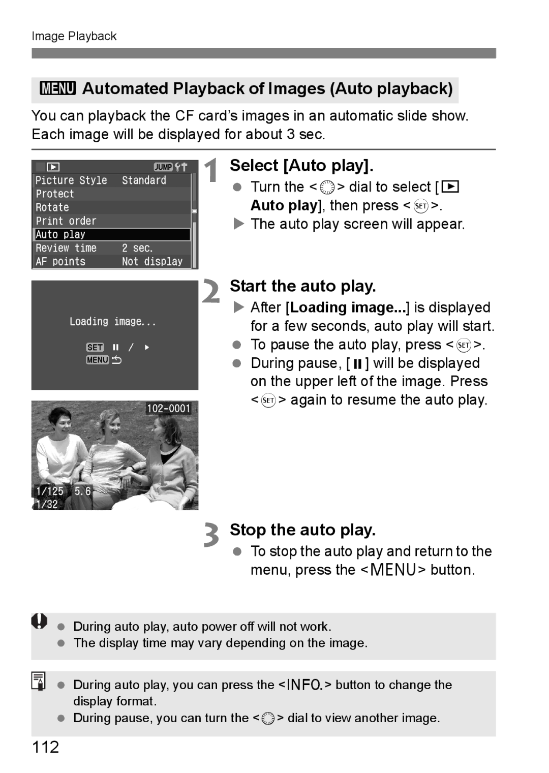 Canon EOS 5D 3Automated Playback of Images Auto playback, Select Auto play, Start the auto play, Stop the auto play, 112 