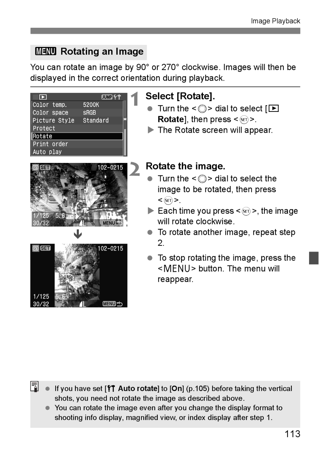 Canon EOS 5D instruction manual 3Rotating an Image, Select Rotate, Rotate the image, 113 