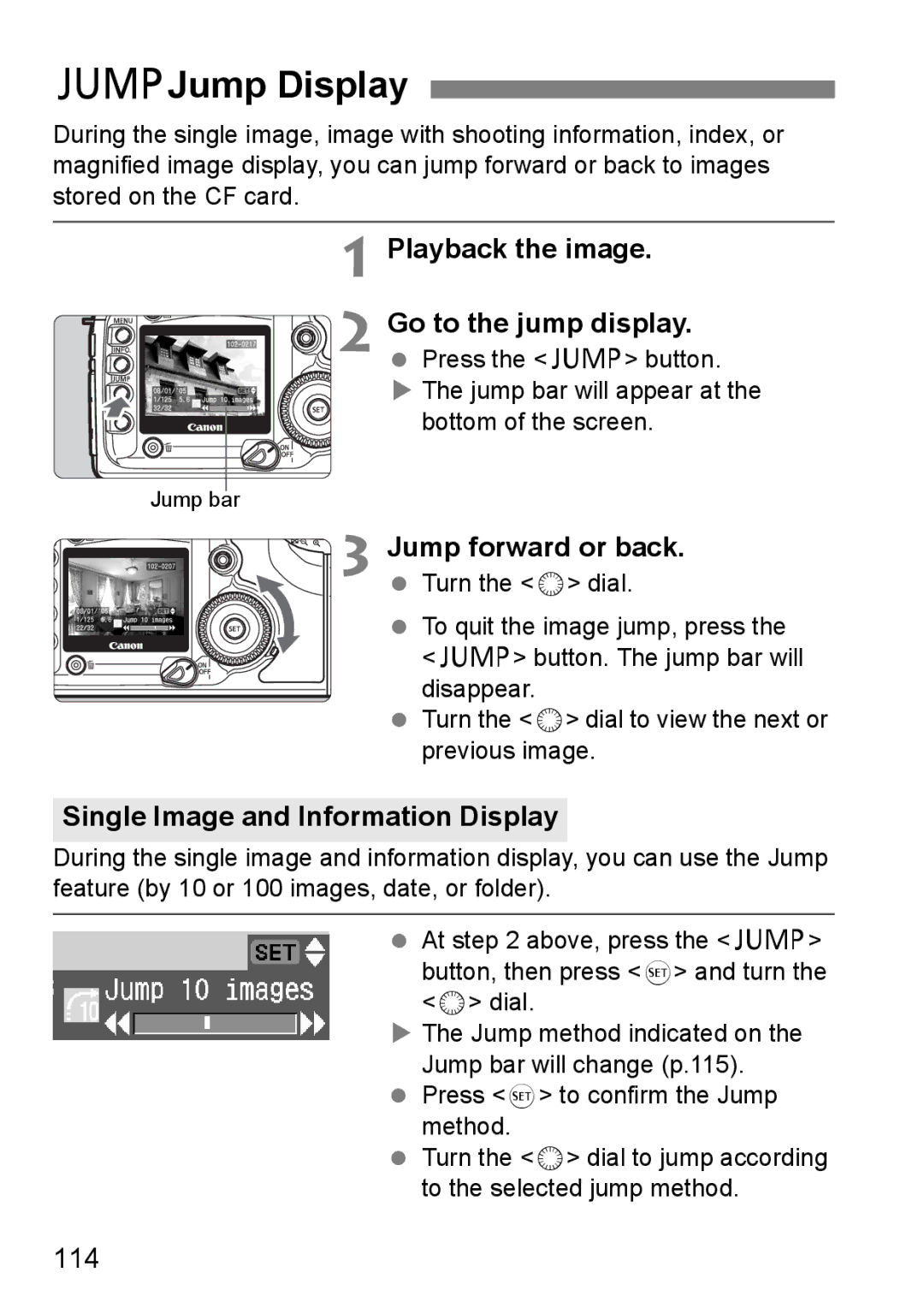 Canon EOS 5D instruction manual CJump Display, Playback the image Go to the jump display, Jump forward or back, 114 