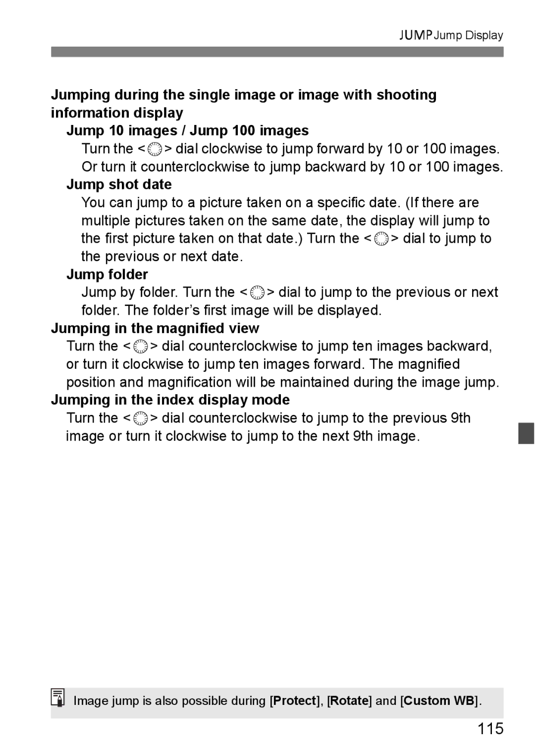 Canon EOS 5D 115, Jump shot date, Jump folder, Jumping in the magnified view, Jumping in the index display mode 