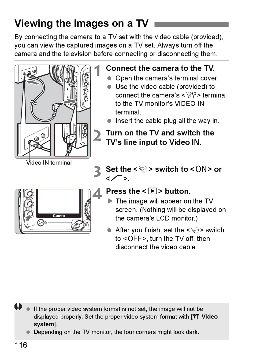 Canon EOS 5D instruction manual Viewing the Images on a TV, Connect the camera to the TV, 116 