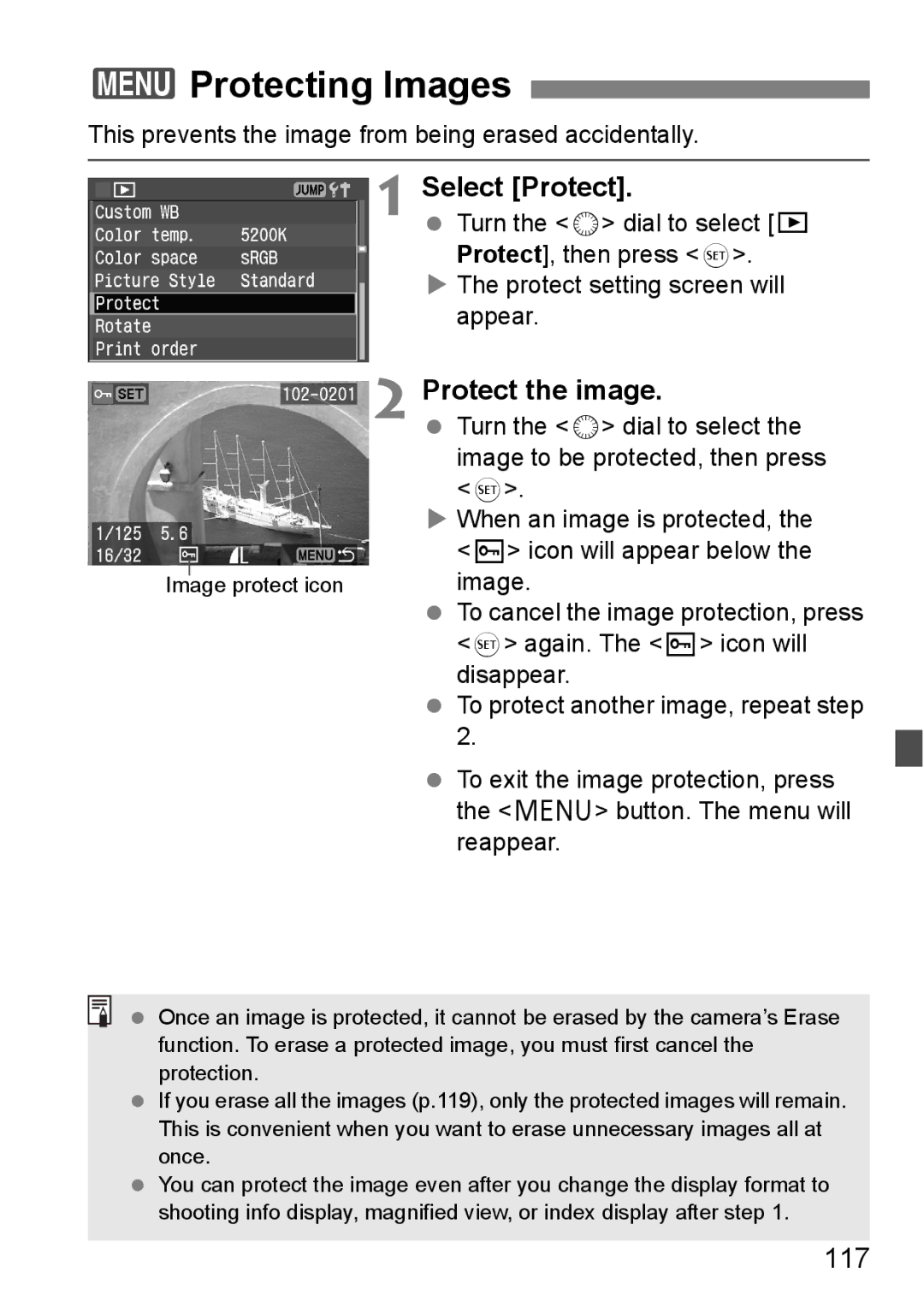 Canon EOS 5D instruction manual 3Protecting Images, Select Protect, Protect the image, 117 