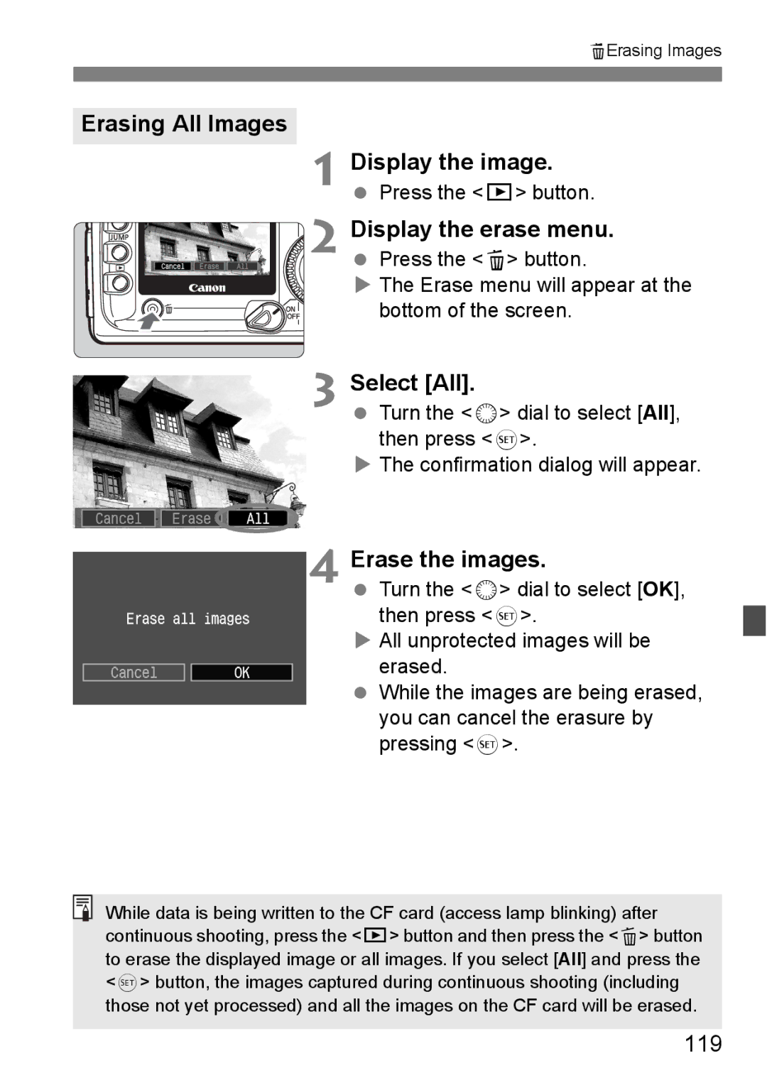 Canon EOS 5D instruction manual Erasing All Images Display the image, Select All, Erase the images, 119 