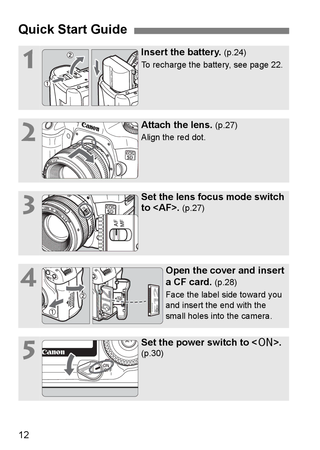 Canon EOS 5D instruction manual Quick Start Guide, Insert the battery. p.24, Attach the lens. p.27, Set the power switch to 