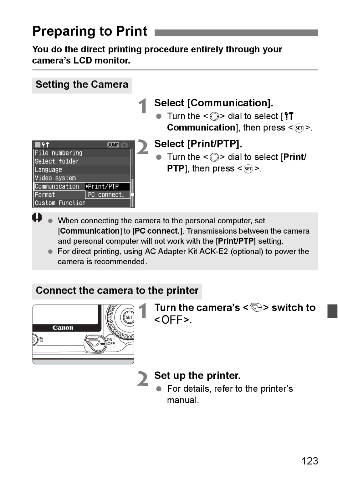 Canon EOS 5D instruction manual Preparing to Print, Setting the Camera Select Communication, Select Print/PTP, 123 