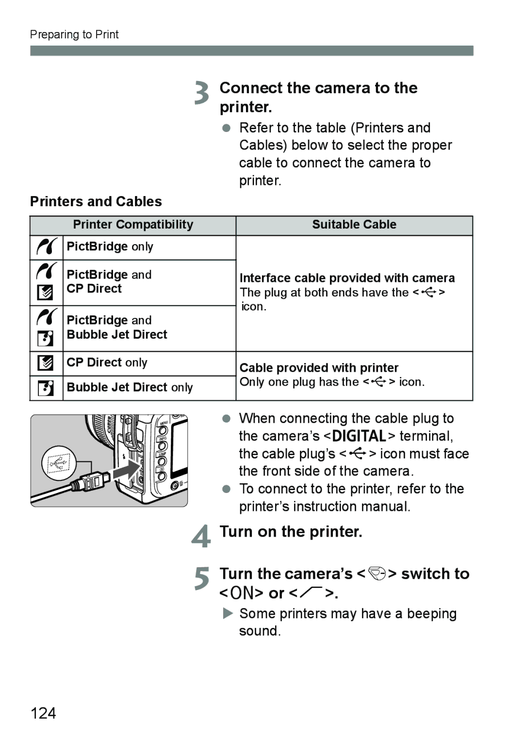 Canon EOS 5D Connectprinter. the camera to, Turn on the printer Turn the camera’s 4 switch to 1 or J, 124 