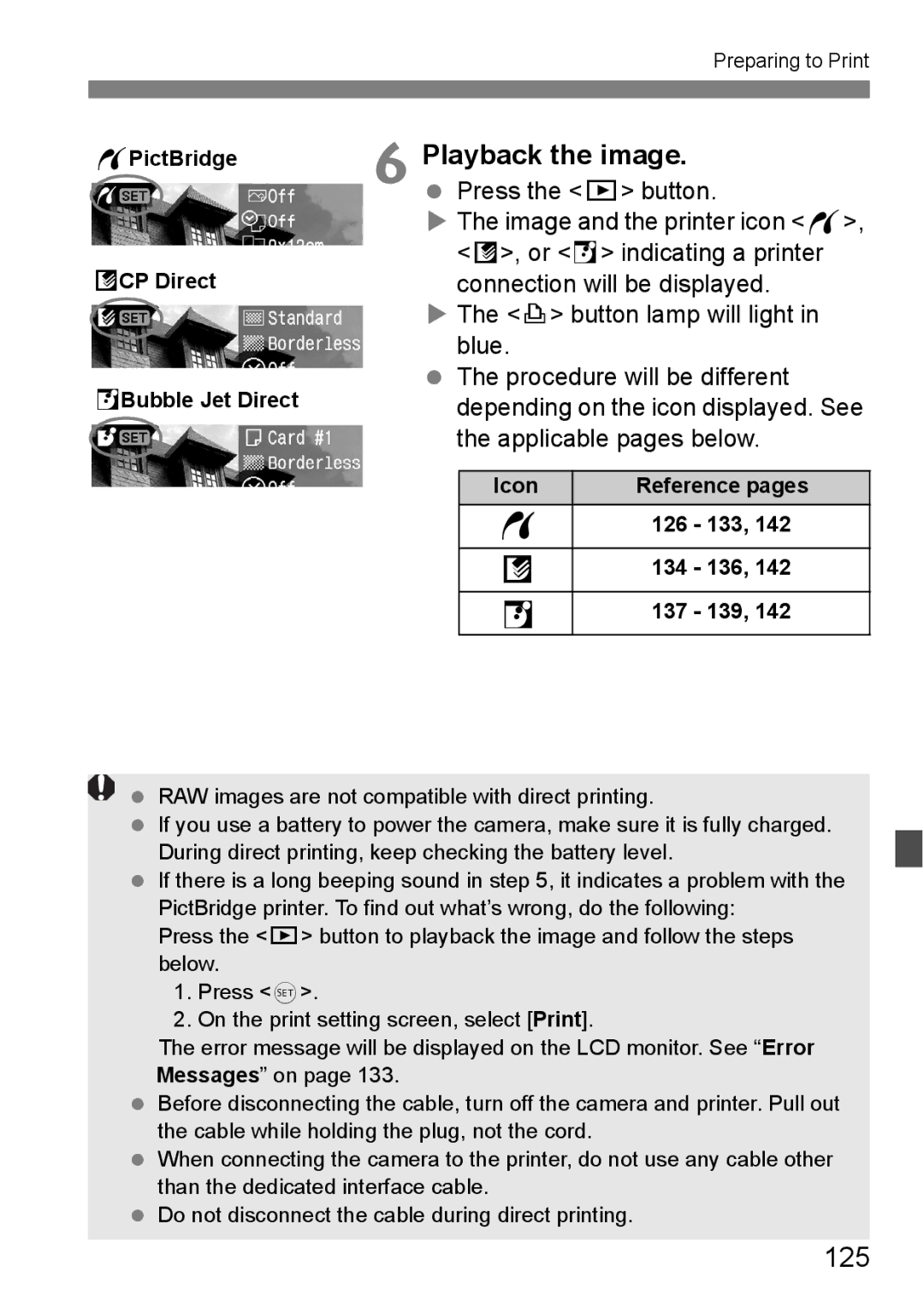 Canon EOS 5D 125, WPictBridge ACP Direct SBubble Jet Direct, Icon Reference pages 126 133 134 136 137 139 