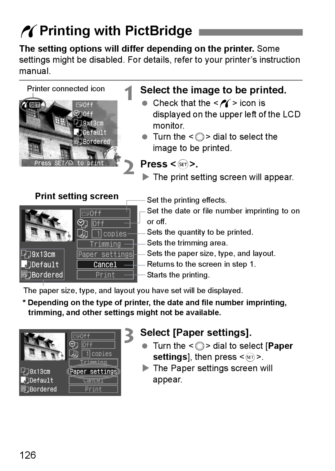 Canon EOS 5D WPrinting with PictBridge, Select the image to be printed, Press, Select Paper settings, 126 