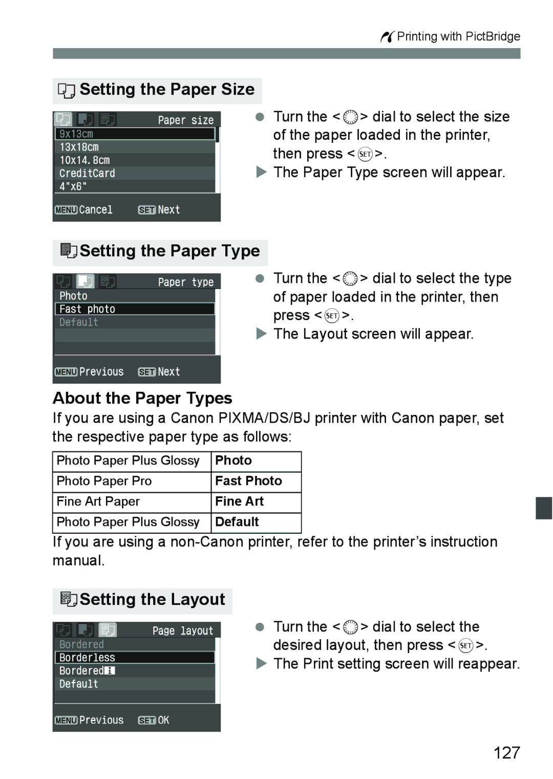 Canon EOS 5D Setting the Paper Size, YSetting the Paper Type, About the Paper Types, USetting the Layout, 127 