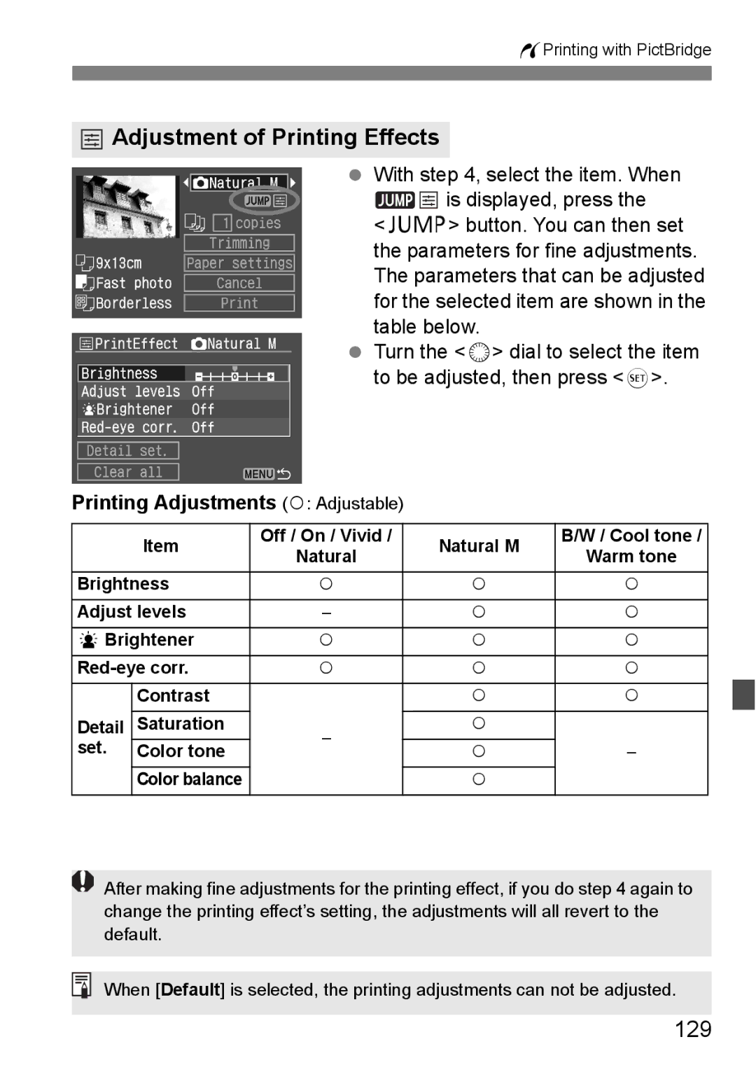 Canon EOS 5D Adjustment of Printing Effects, 129, Printing Adjustments k Adjustable, Off / On / Vivid Natural M 