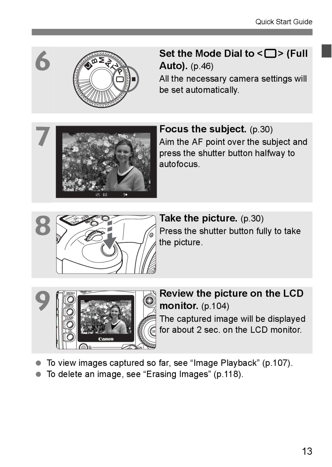 Canon EOS 5D instruction manual Set the Mode Dial to 1 Full Auto. p.46, Focus the subject. p.30, Take the picture. p.30 