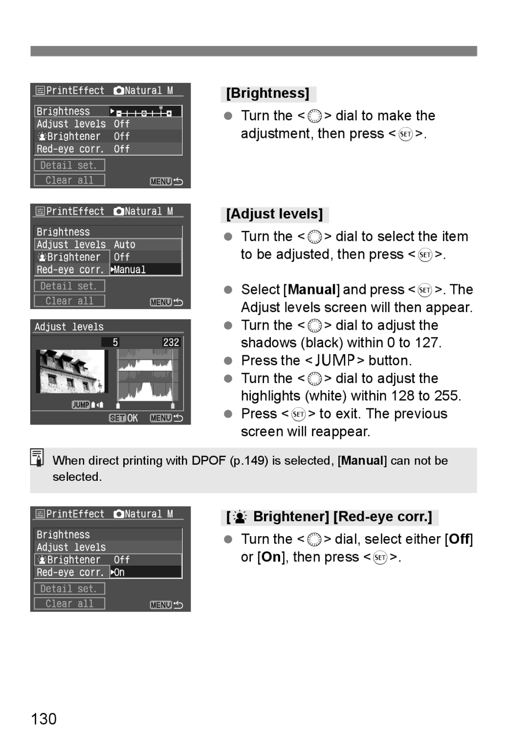 Canon EOS 5D instruction manual 130, Brightness, Adjust levels, Brightener Red-eye corr 