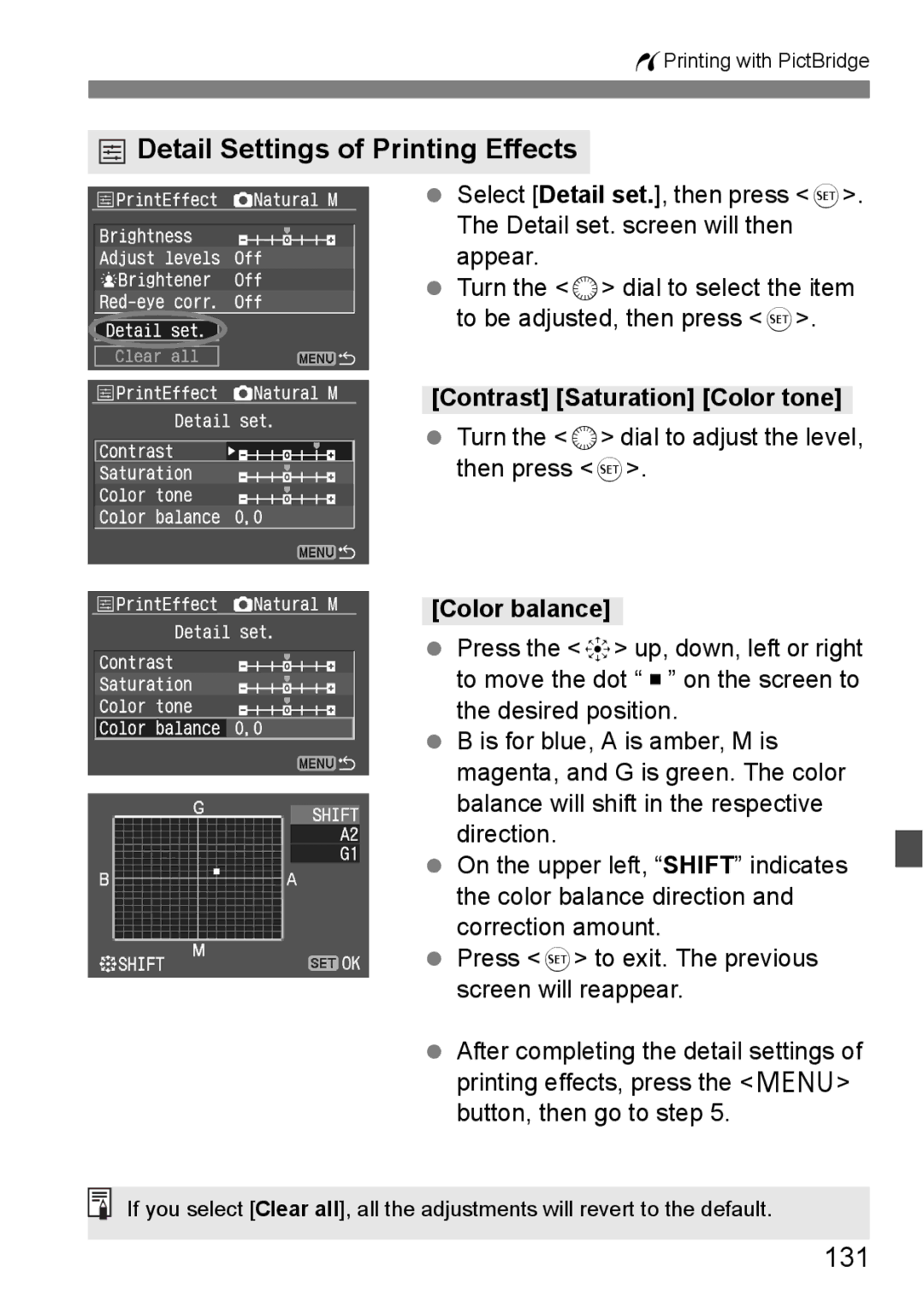 Canon EOS 5D instruction manual Detail Settings of Printing Effects, 131, Contrast Saturation Color tone, Color balance 